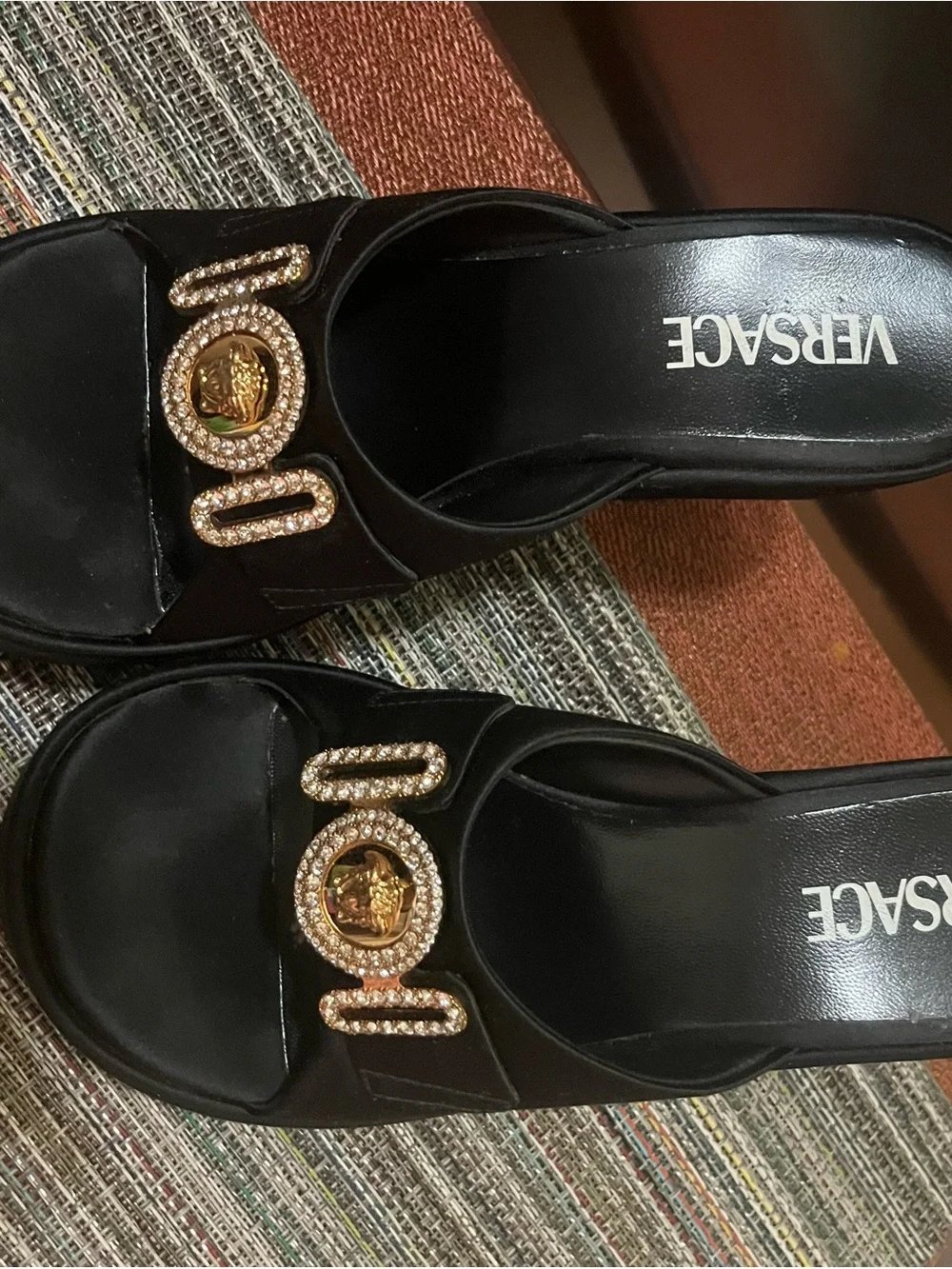 Versace Black Platform Slide Sandals with Gold Medallion Accent - Picture 8 of 8